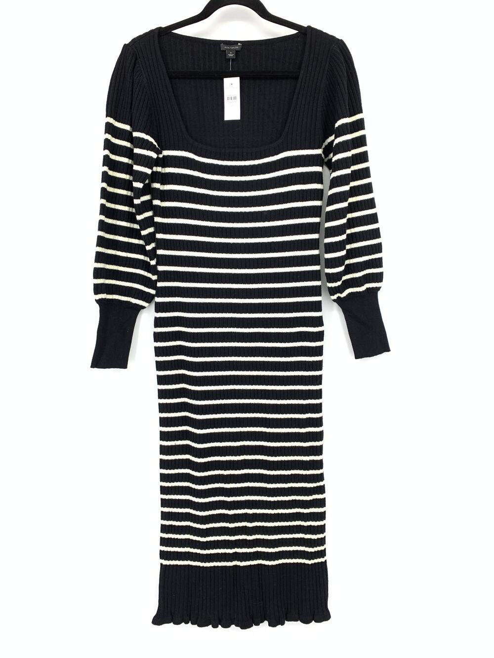 Ann Taylor Balloon Sleeve Knit Sweater Dress Womens Sz M Black White Striped NEW